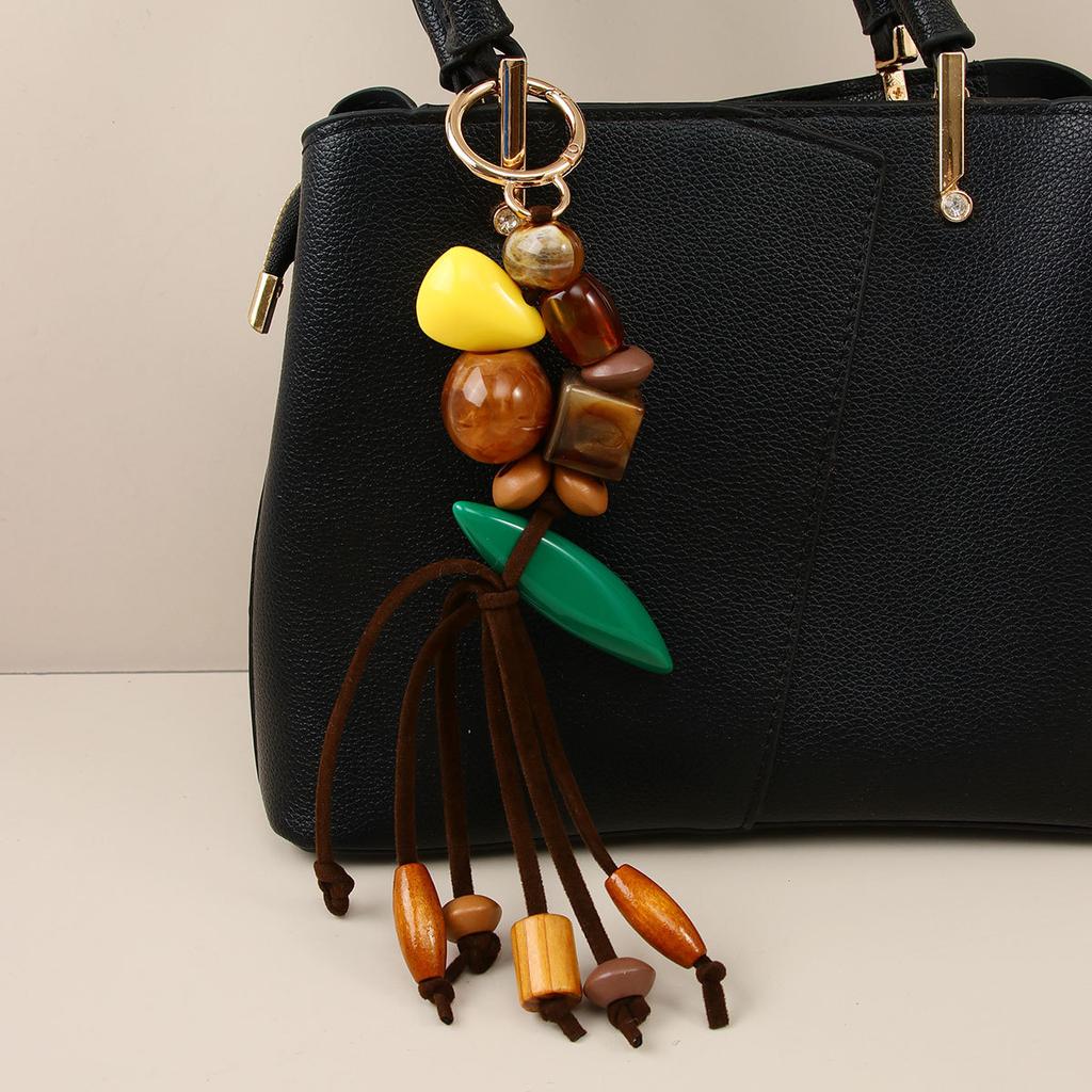 Creative Retro Casual Versatile Handmade Beaded Bag Pendant Bohemian Wood Bead Resin Bead Fringed Braided Rope Pendant