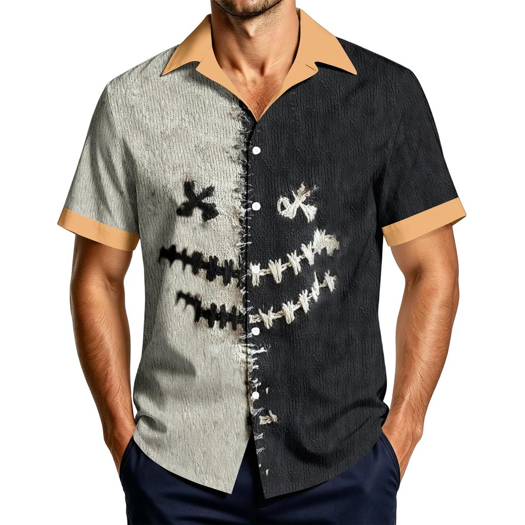 Men's Casual Short Sleeve Halloween Print Shirt for Holiday Party Wear