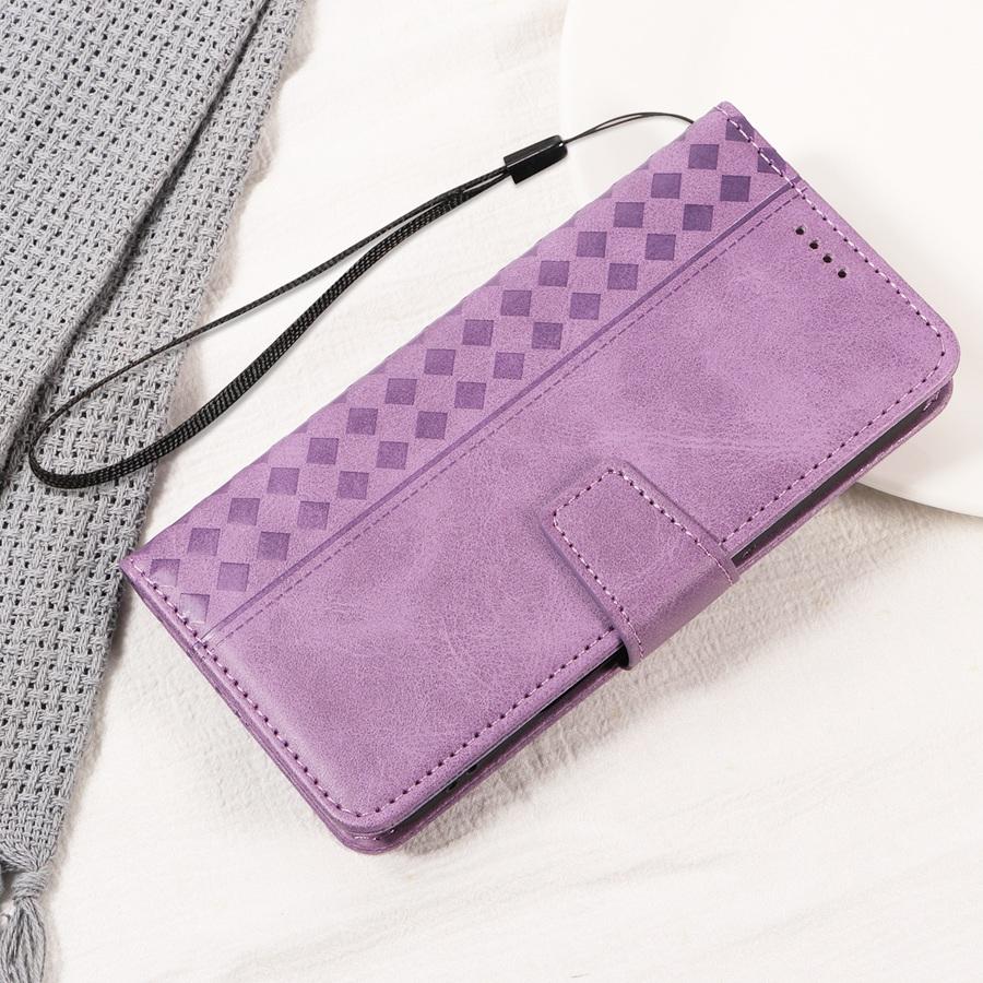 Solid Color Luxury Embossed Geometric Card Holder Wallet Case for iPhone/Samsung/Xiaomi Magnetic Buckle Phone Case Hand-strap Flip Cover