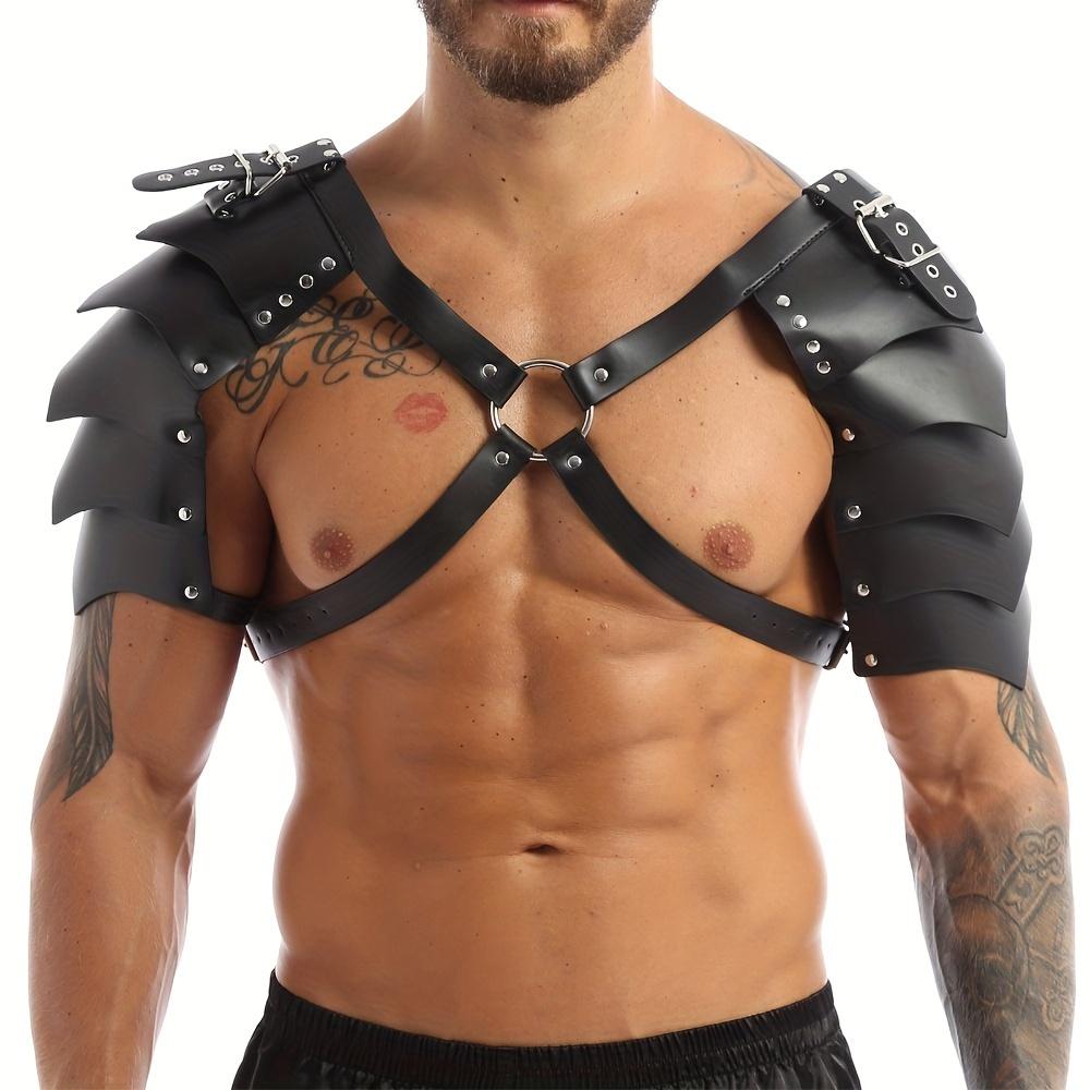 Gay Mens PU Leather Harness Double Shoulder Armors Buckles Sexual Body Chest Harness Belt for Adult Sex Cosplay Halloween Party
