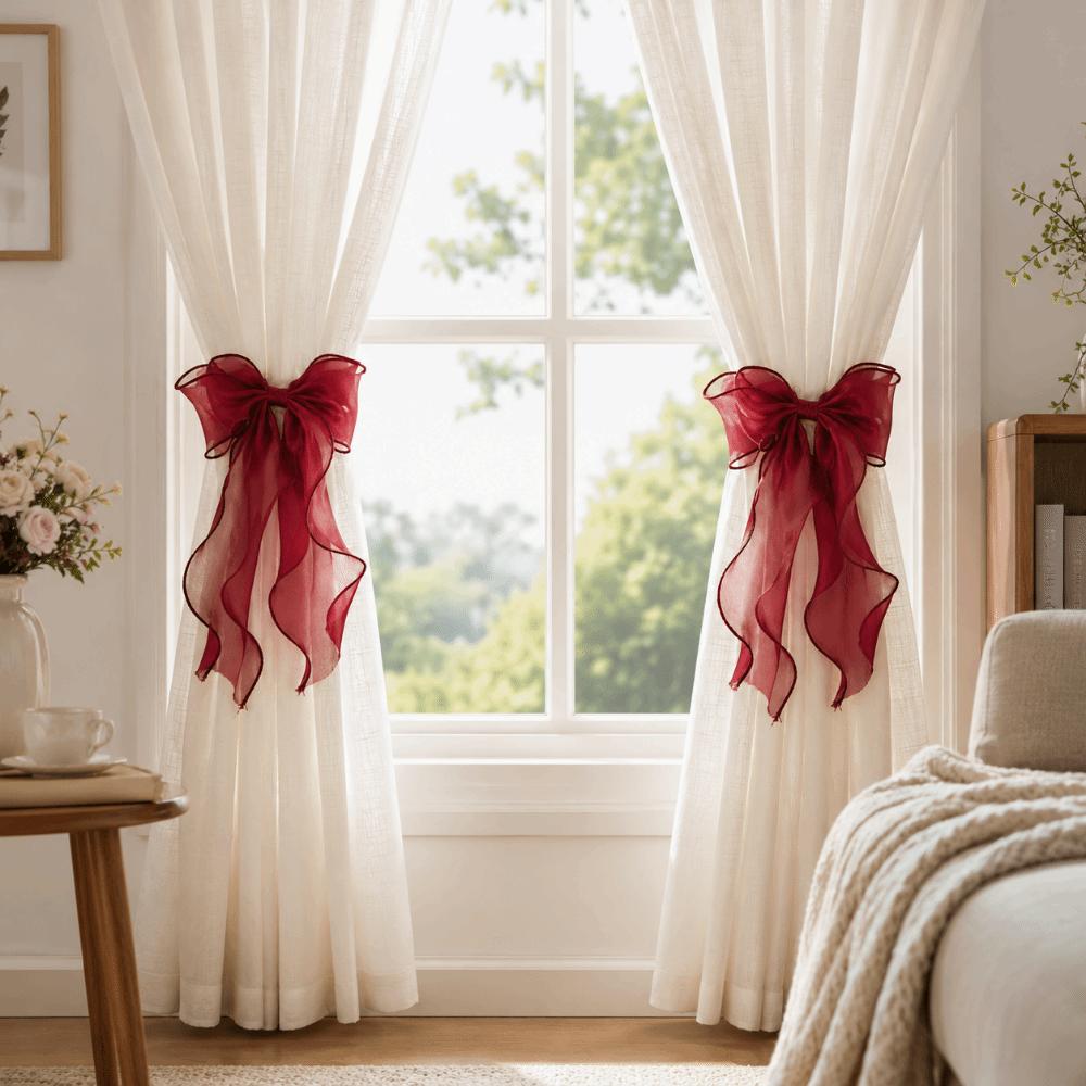 2PCS Cute Mesh Shiny Bow Curtain Tie Home Decor Decorative Rope Curtain Clips French Style Non Drilled Curtain Tieback Window