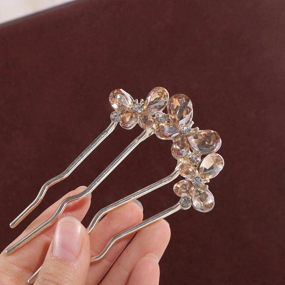 Geometric Toothed Insert Comb Rhinestone U-shaped Hair Clip Temperament Butterfly Hairpin  Bride