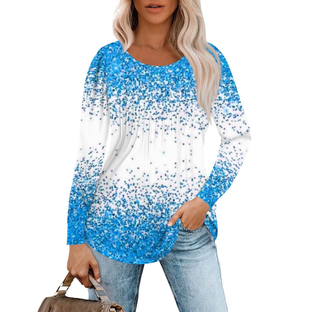 Langarmshirts für Damen, Oberteile, elegante, lässige Blusen, plissierte Tunika-Oberteile mit Rundhalsausschnitt