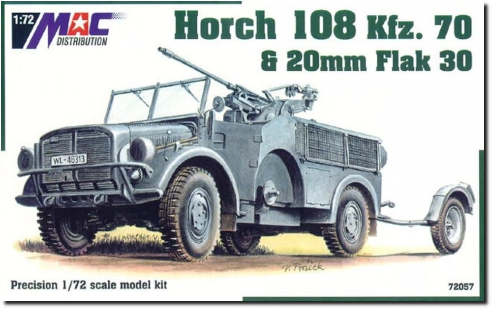 

MAC Distribution Немецкий Horch 108 4x4 Flak 30 Пластиковая модель MAC72057 1/72 Kfz.70 с 20-мм (Боевая машина)