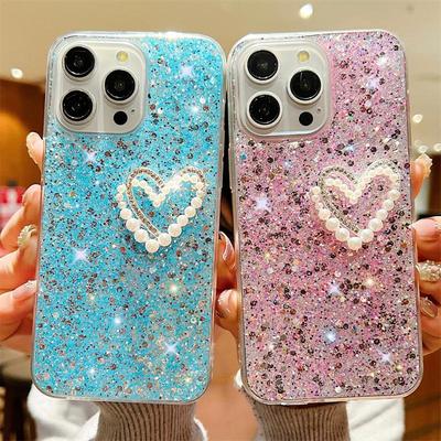 Luxury Glitter Powder Silicone Case for iPhone 15 Pro Max, 12, 11 - Double-Layer Pearl Love Design, Anti-Fall Protection