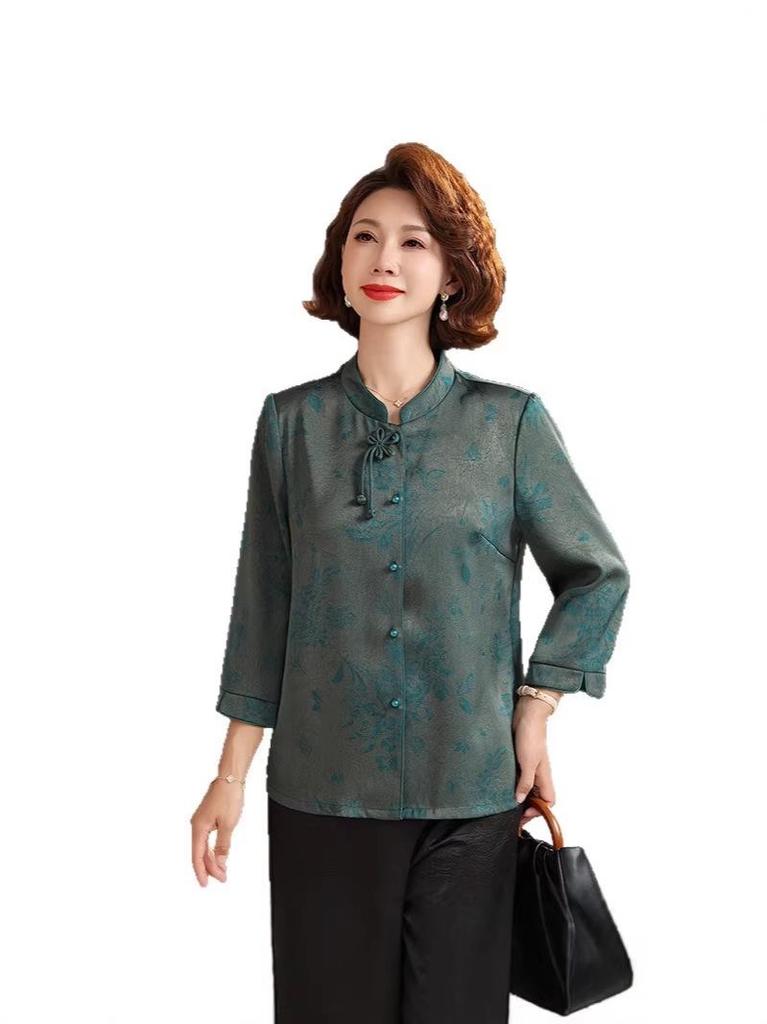 Stylish Summer Jacquard Shirt for Middle-Aged & Elderly Women - Plus Size, Nine-Sleeve, Stand-Up Collar, New Chinese Style