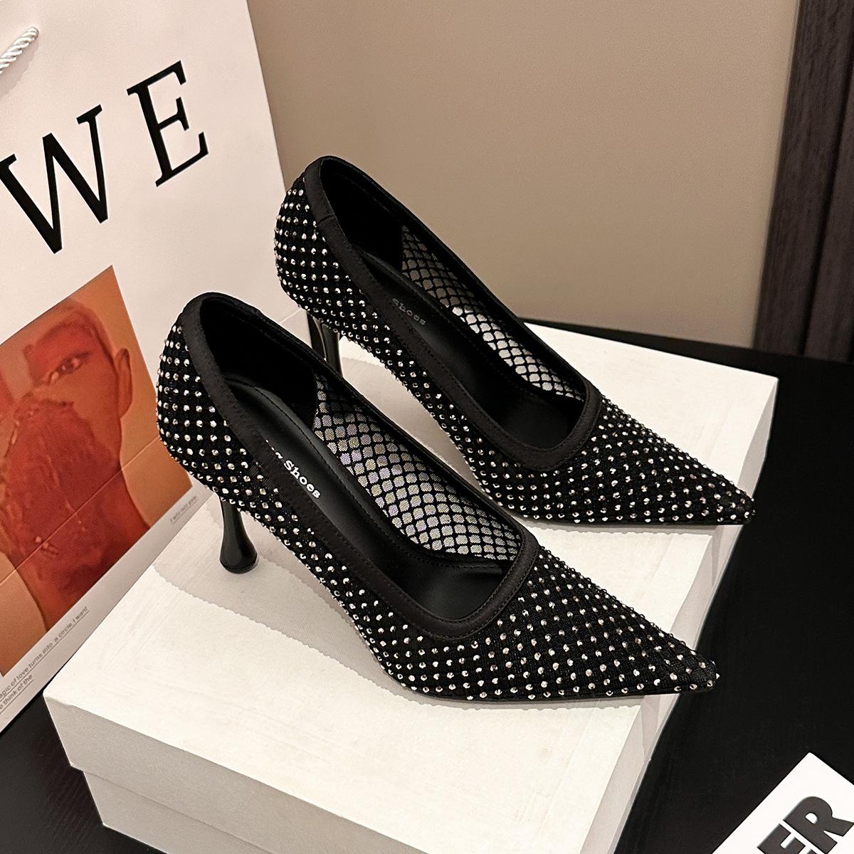 

6188-8 New temperament high heels women s pointed head thin heel rhinestone mesh single shoes shallow bridesmaid women s shoes wedding shoes 35 чёрный