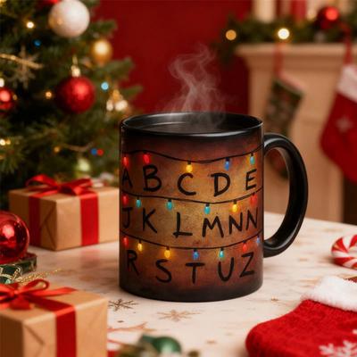 Retro Colorful String Light Alphabet Coffee Cup Color Changing Ceramic Mug Rustic Heat Sensitive Cup for Hot Cocoa Tea Milk Hot Drinks