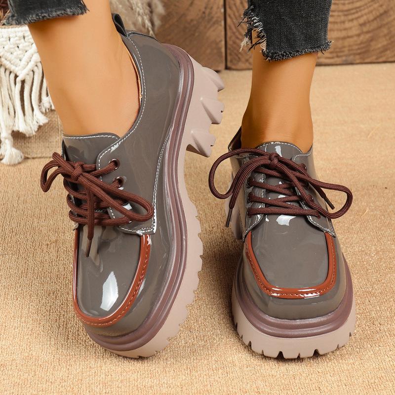 Large size color matching small leather shoes college style thick sole heightening lace-up