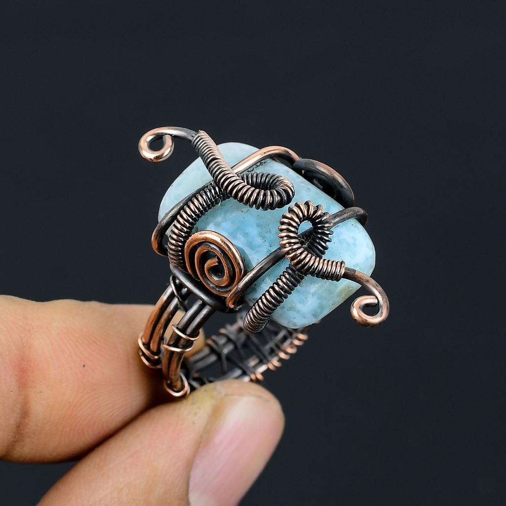 Natural Larimar Gemstone Handmade Copper Wire Wrap Gift Ring Size 8 Q8r40