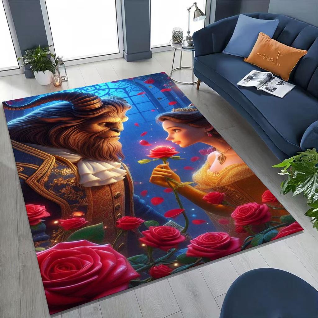 3D Lovely Beauty and The Beast Cartoon Rug for Bedroom Living Room Sofa Home Doormat Decor, Large Kids Play Non-slip Floor Mat