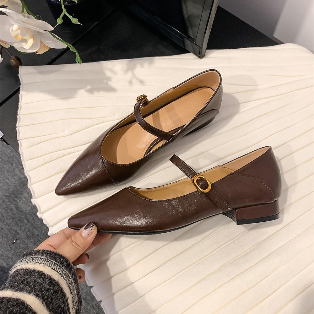 Washed cowhide~ Retro genuine leather soft sole is not tired feet women's shoes spring pointed shoes one-word buckle Mary Jane single shoes laden sho