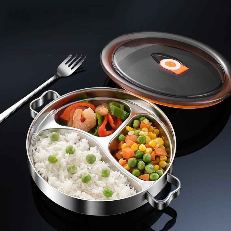 Bandeja de Jantar Dividida em Aço Inoxidável 304 com Tampa Lancheira Recipiente Prato de Comida para Refeitório Escolar 3 Compartimentos Bandeja Bento Talheres