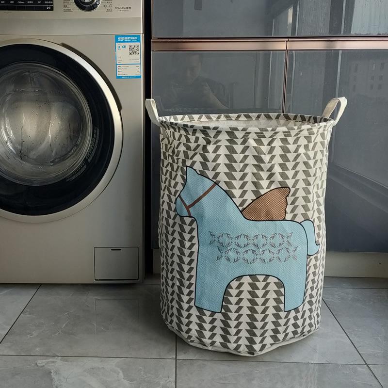 Nordic Cartoon Horse Cotton Linen Laundry Basket - Large Folding, Waterproof Storage for Clothes and Toys