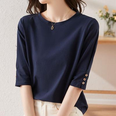 Autumn Women Clothing T-Shirts Solid O-neck Button Shirring Asymmetrical Fashion Casual 3/4 Sleeve Loose Bottoming Shirt Tops