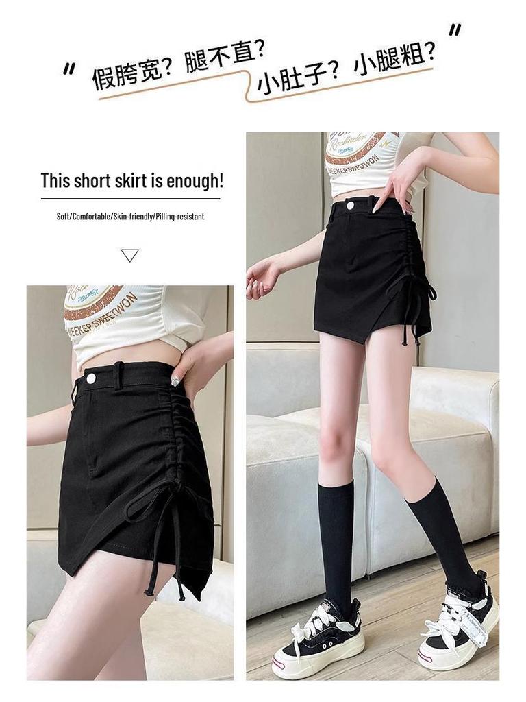 2024 Summer Women's Black Spicy Girl Ruched High Waist Irregular A-line Mini Skirt Pants