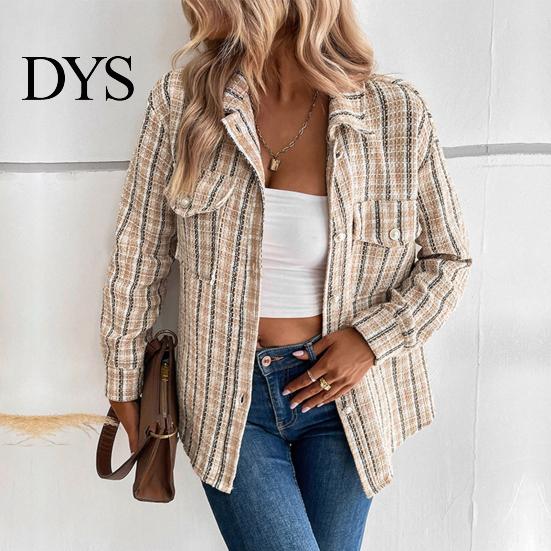 Women Jacket with Pockets Fall Spring Retro Plaid Print Turn-down Collar Single-breasted Striped Cardigan Chest Long Sleeves Loose Commuting