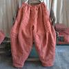 Johnature Women Winter Wide Leg Pants Cotton Linen Warm Trouser Solid Color Elastic Waist Pockets Vintage Female Pants