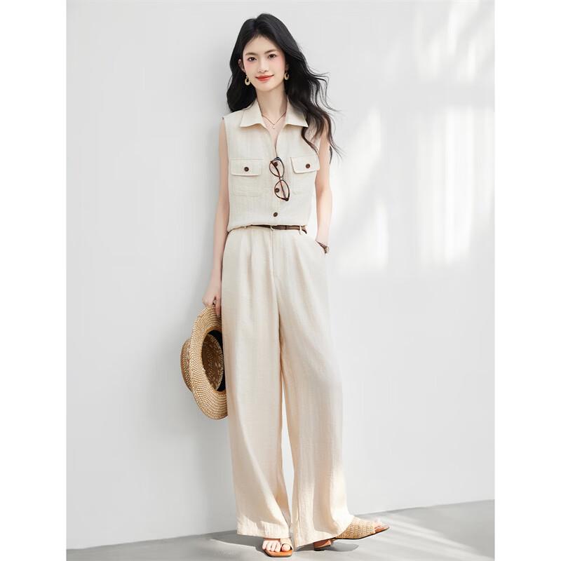 Women's Linen Blend Sleeveless Shirt & Wide-Leg Pants Set
