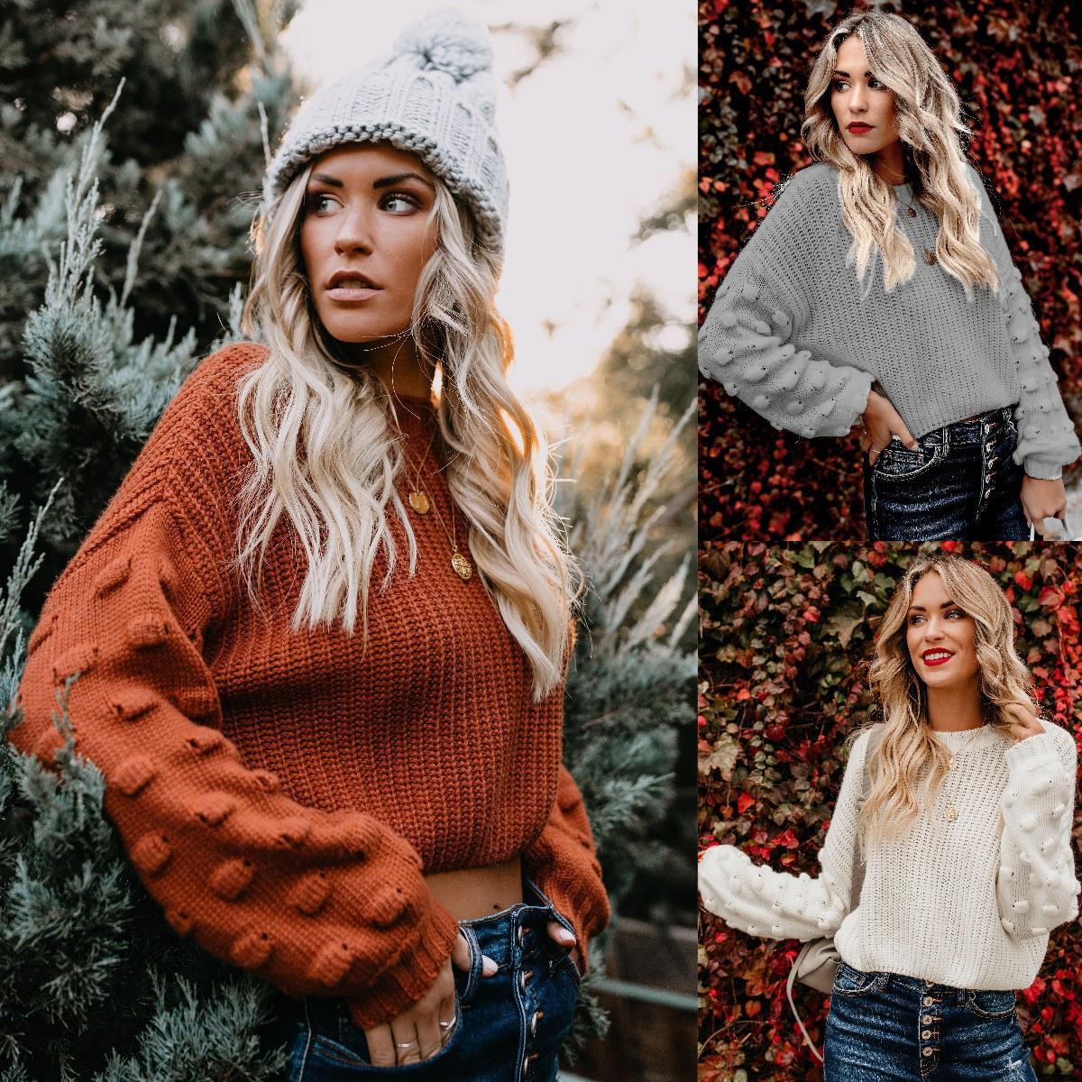 

Женский свитер Осень Зима Кроп-топ Свободный Рукав-буф Плетеный топ One size серый