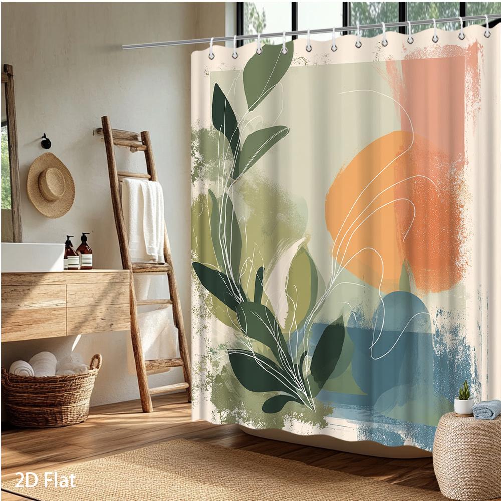 Abstract Botanical Shower Curtain – Watercolor Leaves & Soft Shapes, Modern Art Design, 2D Flat, Polyester, Includes Hooks