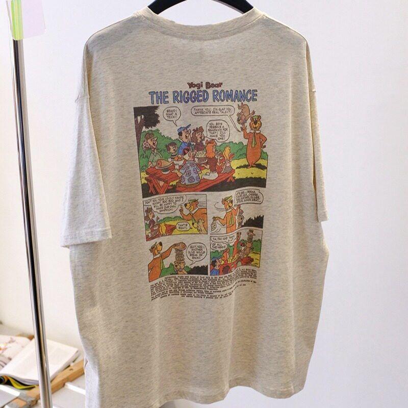 

Korean Dongdaemun Spring/Summer New Cartoon Bear Age-Reducing Loose Plus Size Short Sleeve T-Shirt for Women Flower Ash M [Recommendation 40-50kg]