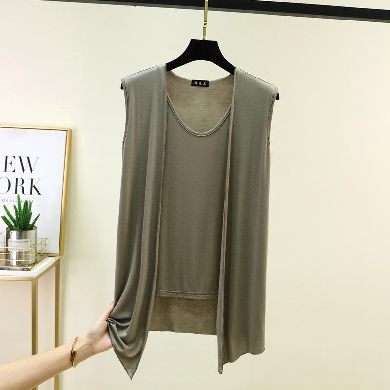 M to 6XL Plu size Women's Faux 2 Piece Tank Top with Cardigan Layered Look Open Front Sleeveless Vest Summer Modal Slim Fit Streetwear Camisole