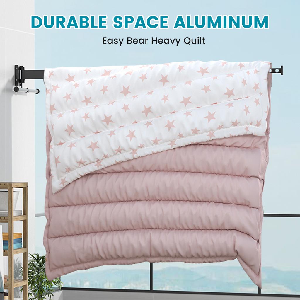 Folding Clothes Drying Rack 3 Fold Wall-Mounted Clothes Hanger Retractable Laundry Comforter Drying Rack with Extension Rod