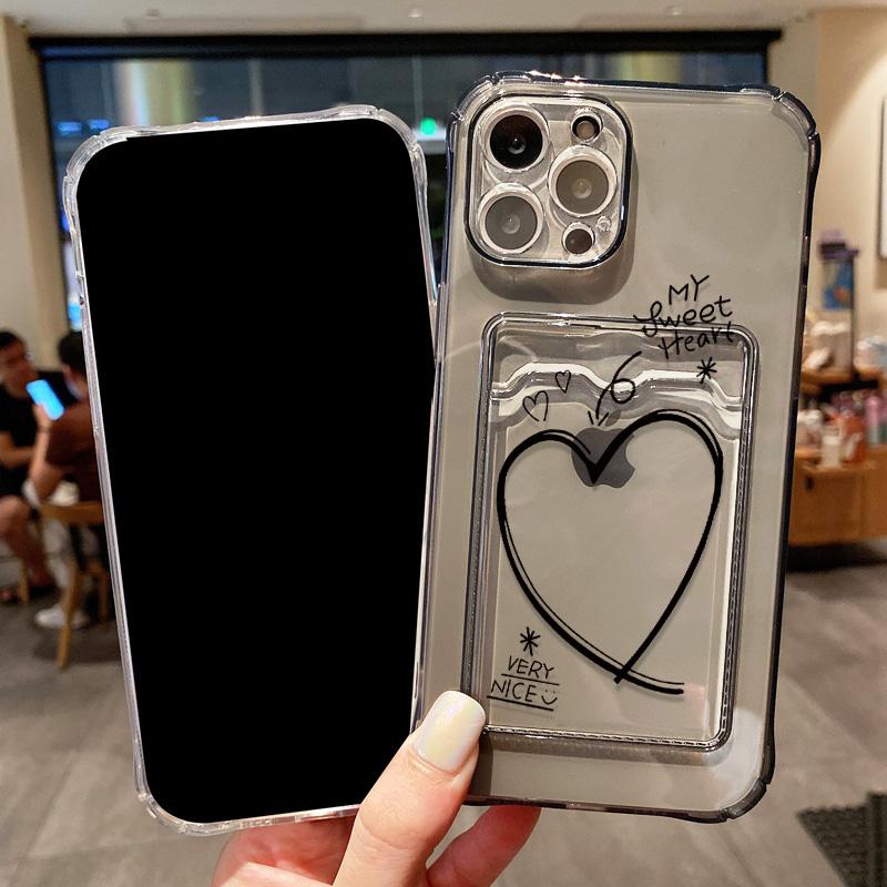 Card Holder Love Heart  Case For iPhone 11 13 16 Pro Max 14 15 12 7 8 Plus XR X Xs 16promax 13promax Card Slot Soft Funda Covers