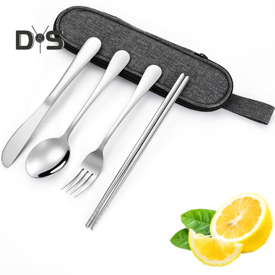 Stainless Steel Cutlery Set 4-Piece Retro Tableware Fork Spoon Chopsticks Knife with Storage Bag Mirror Polished Dishwasher Safe Cutlery Set for Home