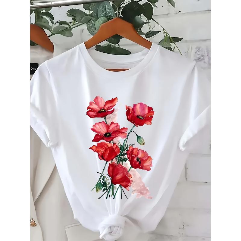 

Womens Heart Shaped Floral Print Tee Crew Neck Short Sleeve Vibrant Semi Sheer Soft Machine Washable All Season Spring Summer Casual Top S белый