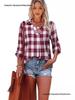 Cross-Season V-Neck Long Sleeve Women's Plaid Loose Fit Pullover Shirt
