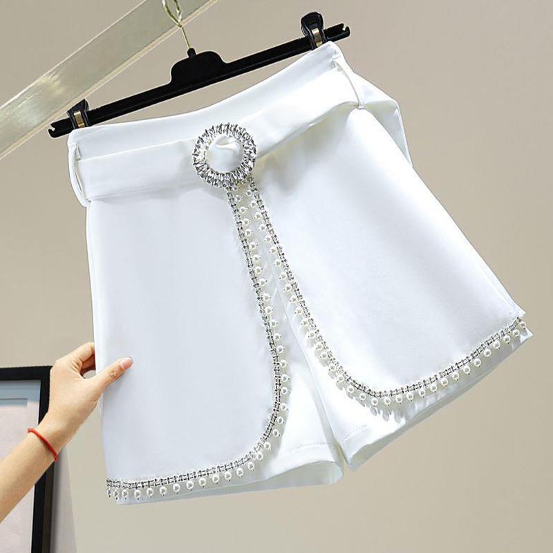 Pantalones cortos de traje con incrustaciones de diamantes con cuentas Pantalones anchos de cintura alta elegantes para mujer