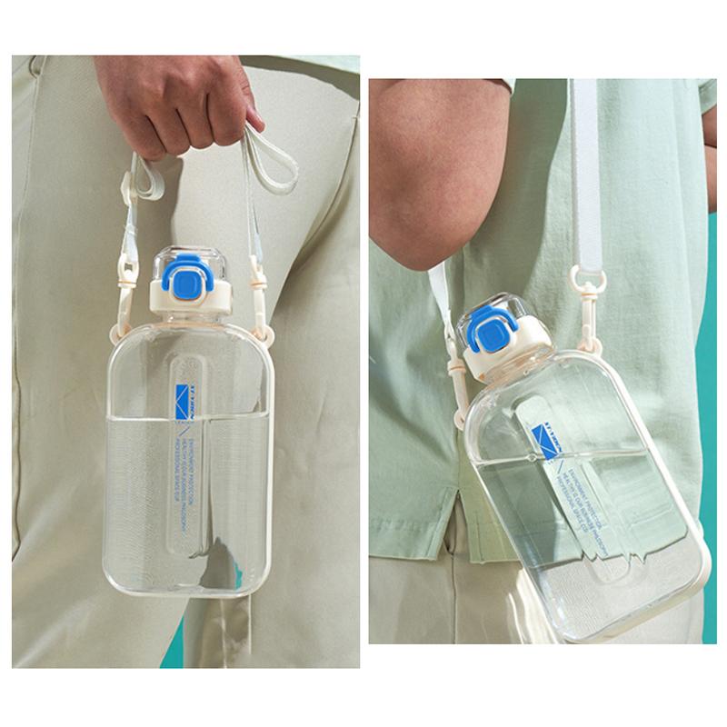 Square Flat Transparent Portable Water Bottle with adjustable strap lightweight for hiking school travel office