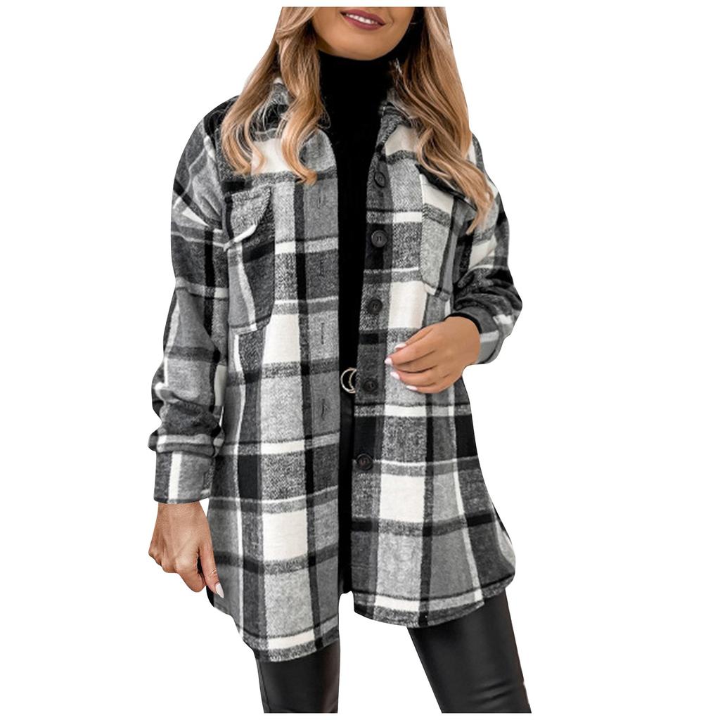 Women's Long Sleeve Single Breasted Plaid Print Shirt Collar Woolen Jacket Outwear