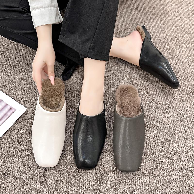 Fashion Retro Square Soft Wool Slippers Women Fall and Winter Solid Color Fashion Joker Leisure Plush Lazy Flat-bottomed Baotou Slippers