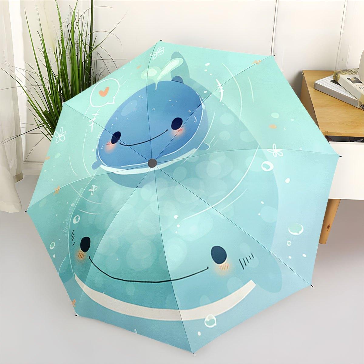 Open/Close Portable Folding Umbrella with Cute Whale Fin & Baby Whale, & Heart Design - Compact Umbrella for Travel, & s, Styl