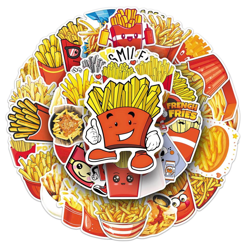 50pcs Fun Cartoon French Fries Stickers for Decoration: Refrigerator, Desktop, Water Cup