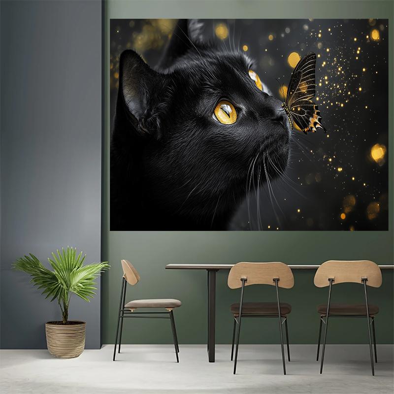 Black Cat Butterfly Glow Tapestry Animal Art Wall Hanging Mystical Decor Living Room Print