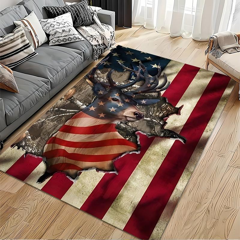 Deer with American Flag Design Rug Non-slip Rug Suitable for Living Room and Bedroom Sofas
