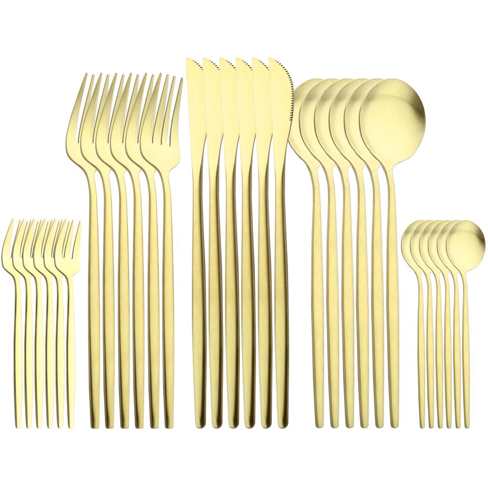 30-piece Black Handle Gold Cutlery Set Matte Finish Dinnerware Set Stainless Steel Knife Fork Spoons Kitchen Utensils Complete
