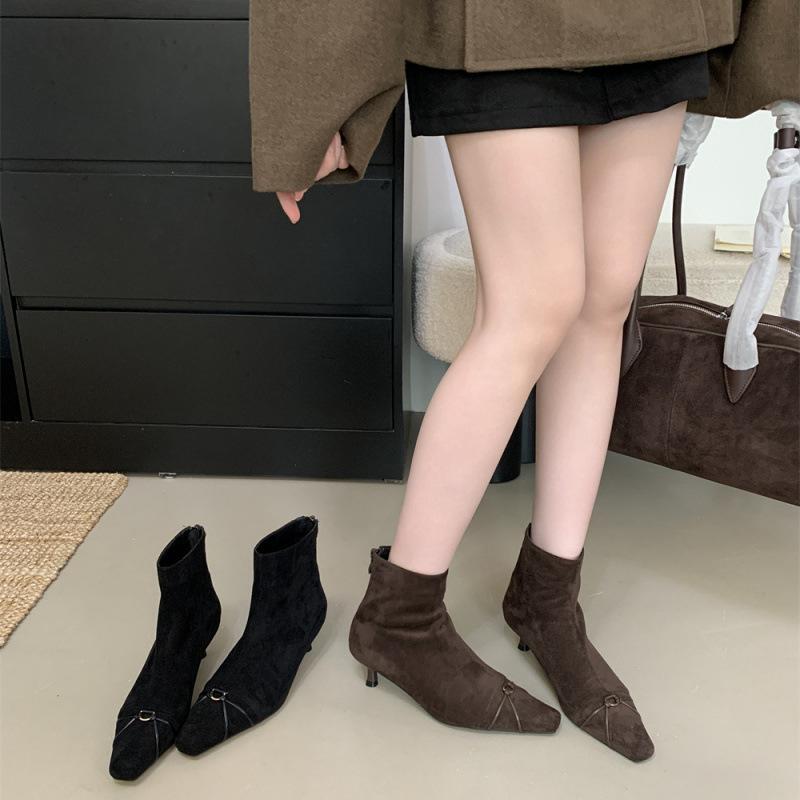 Temperament thin medium heel short boots women's autumn and winter 2025 new French thin boots women's suede women's square head Martin boots