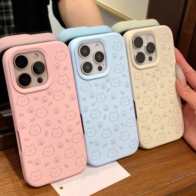 Cute Line Onigiri Kitten Suitable for Apple iPhone16/17Pro Mobile Phone Case 14 Liquid Glutinous Rice 13 Soft 15