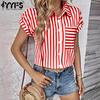 Women's Fashion Casual Summer Spring Stripe Print Short Sleeve POLO Neck Blouses & Shirts