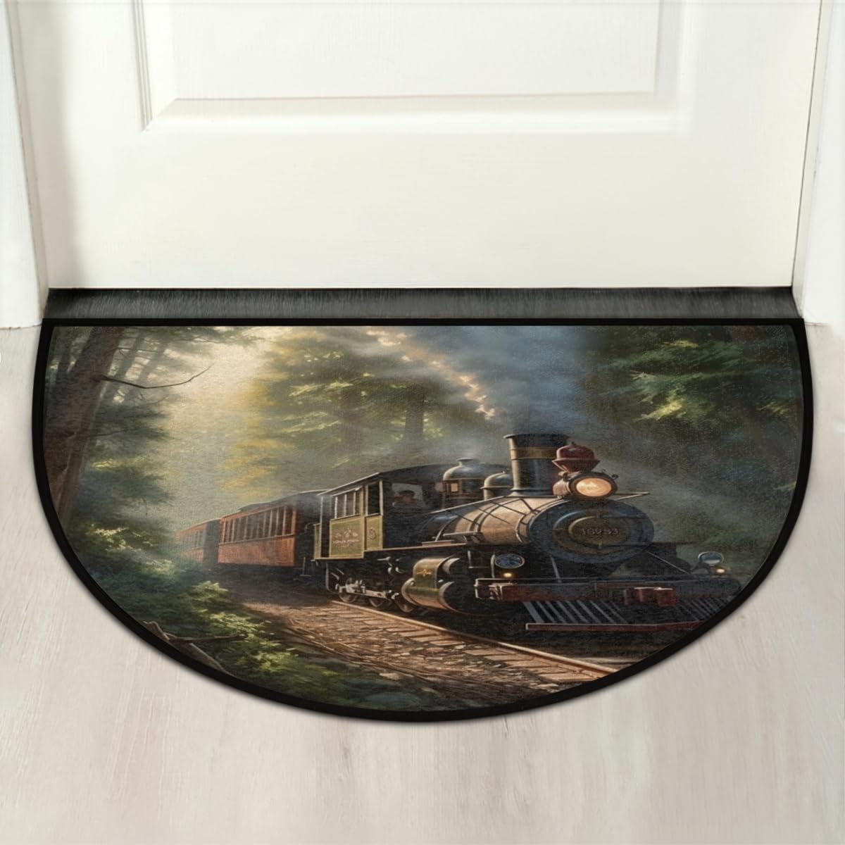 Half Round Door Mat, Steam Trains Non-Slip Half Circle Area Rug Railroad Forest Doormat Washable Durable Home Decor Half Moon Rug for Floor Indoor