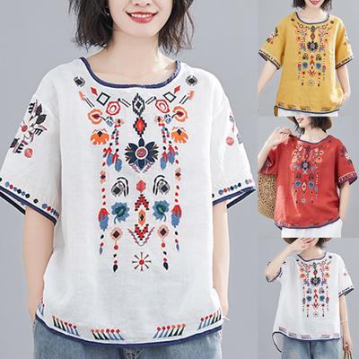 T-shirt Embroidered Loose National Style Ladies Short Sleeve Oversize Blouse