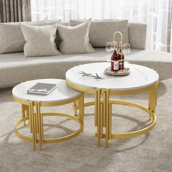 Sofa Side Table Modular Coffee Set, Marble Look, Golden Metal Frame, Round Tea Tables in Two Sizes, Nesting Table, Set of 2