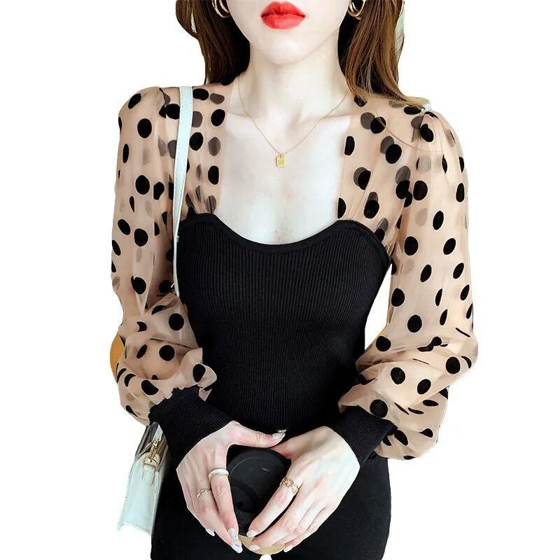 French Polka Dot Mesh Bubble Sleeve Patchwork Ice Silk Tops Women Spring and Autumn Design Sense Niche Slim Blouse