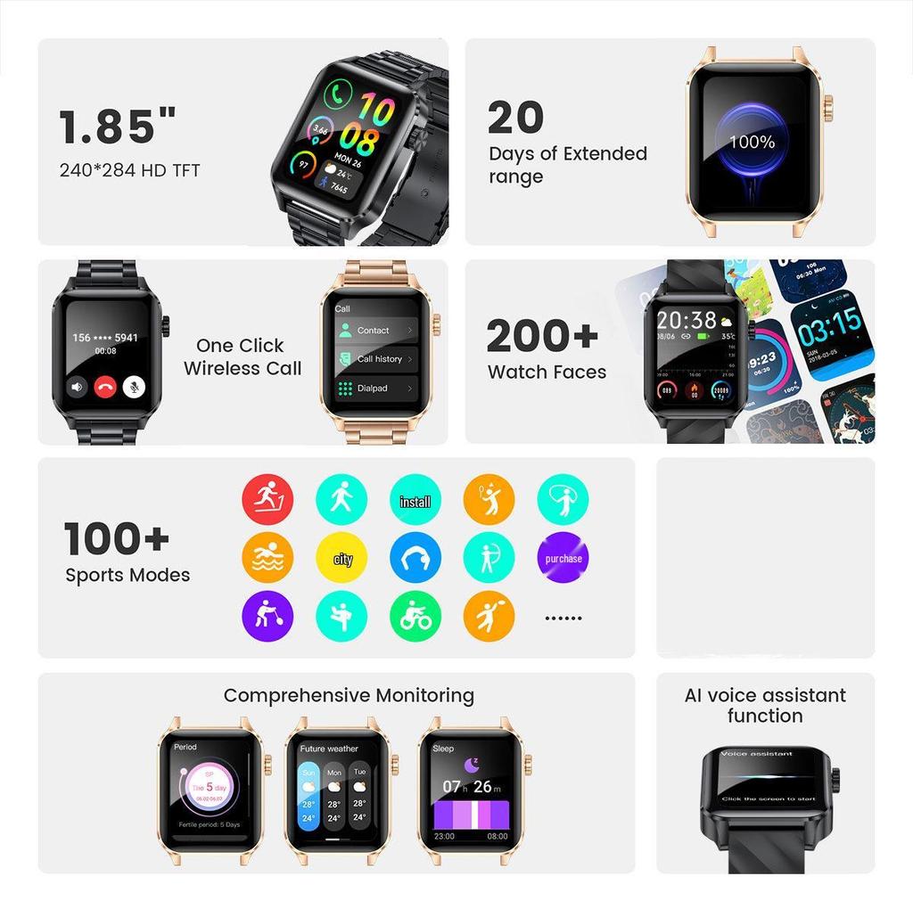 Smartwatch mit Bluetooth-Anrufen, wasserdicht, Schrittzähler, Herzfrequenz, Blutsauerstoff und Schlafüberwachung.