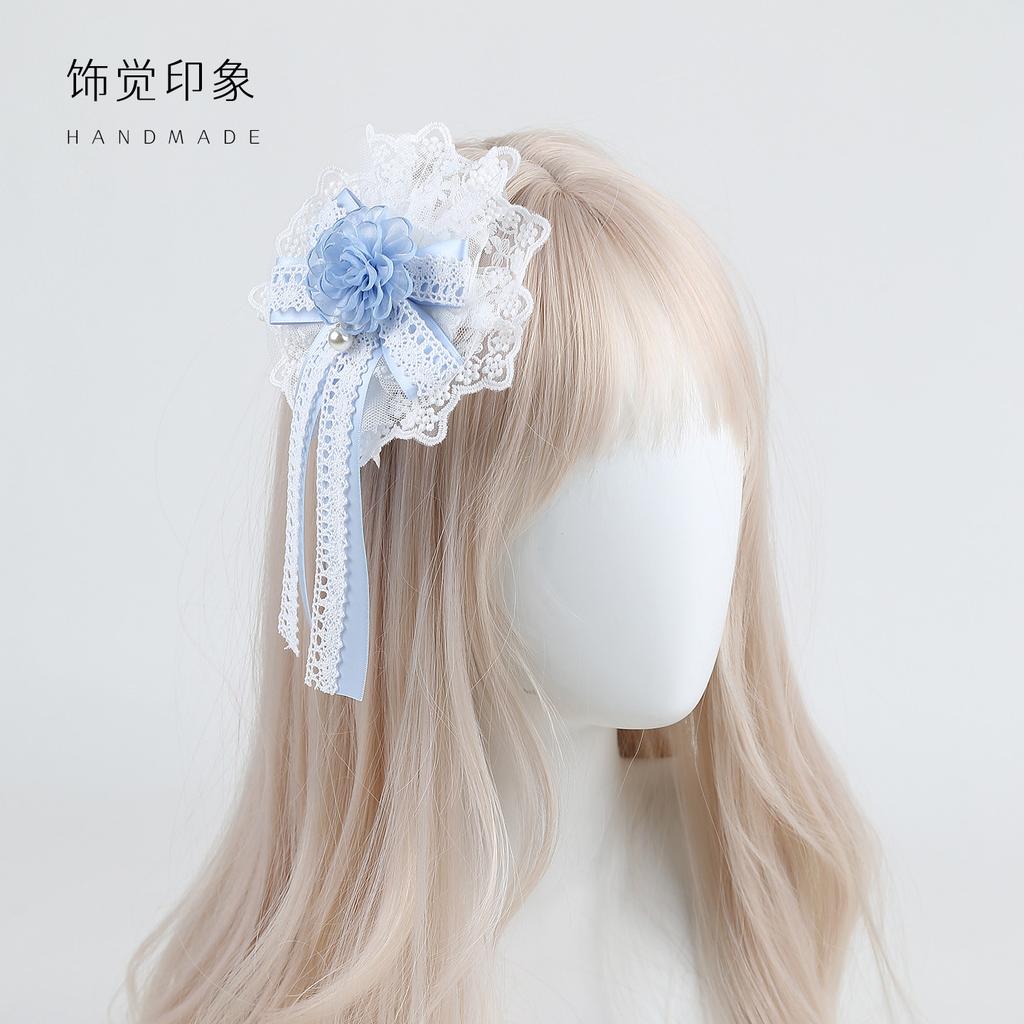 Hand Embroidered Flower Ball Lolita Headdress Original Handmade Lolita Blue White Lace Bow Hair Accessories Headband Top Hat